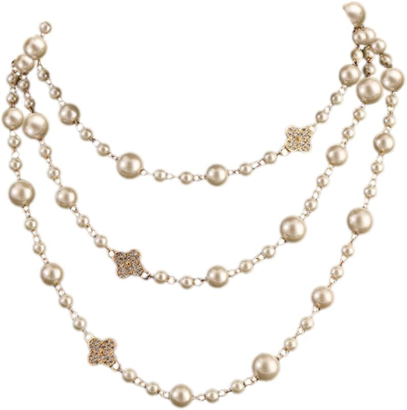 AOWVUTS Collier Perle Femme Collier Long Cristal avec Trèfle À Quatre Feuilles Collier Multi Rangs Collier de Perles Artificielles Élégant Bijoux Tendance Empilés pour Mariage Fiançailles