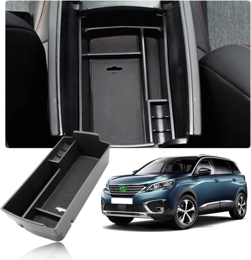 BIXUAN Organiseur de Console Centrale Compatible avec Peugeot 3008 5008 GT 2016-2023 2024 Citroen C5 Aircross 2018-2023 2024 DS7 Crossback 2017-2024 Boîte de Rangement avec Tapis Antidérapant