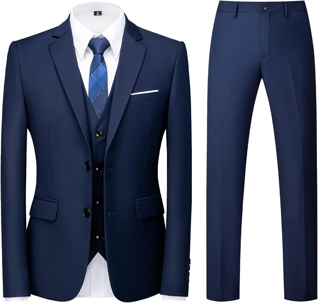 Costume Homme 3 pièces Slim Fit Smoking Simple Poitrine à Deux Boutons Men Suits 3 Piece pour Mariage Business Fête Confort Blazer Veste et Pantalon Gilet L Bleu