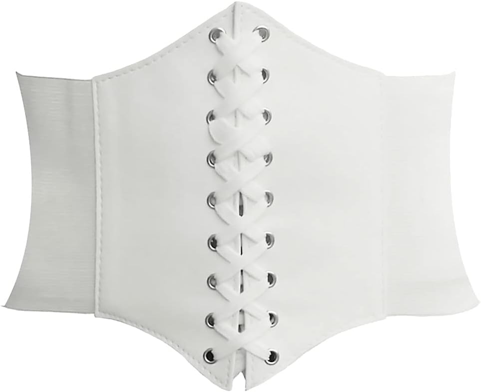 HANERDUN Corset à Lacets Ceinture Élastique Pour Femme - Cuir Rétro Cinch Quatre Tailles S Blanc