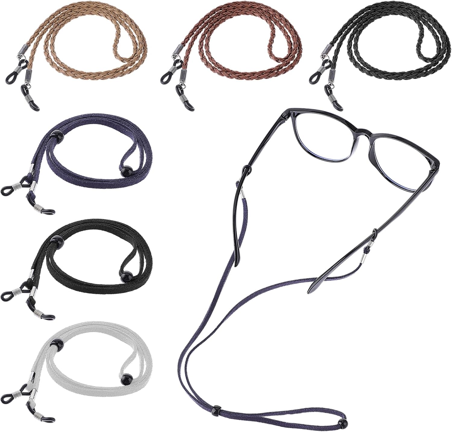 Amabro 6 Pièces Chaîne de Support de Sangle de Lunettes, Supports de Chaînes de Lunettes Autour du Cou en Cuir Daim Sangle de Lunettes de Soleil Chaîne de Lunettes de Soleil Cordon de Lunettes