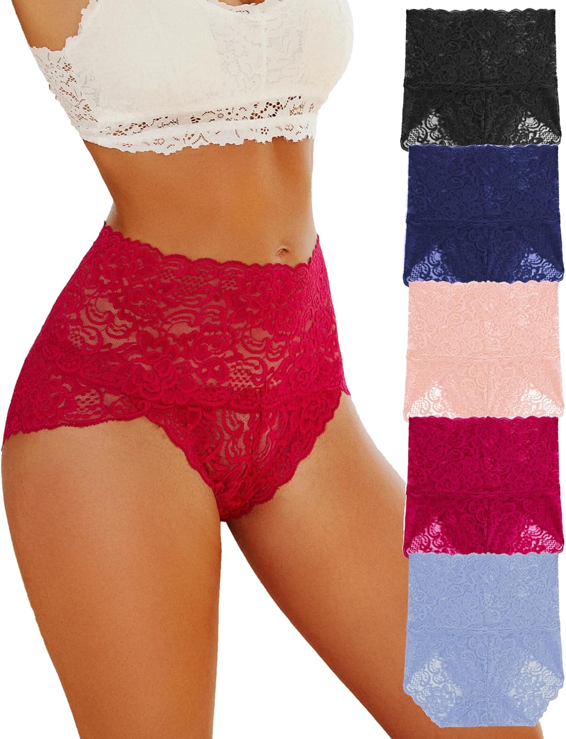 FINETOO Lot de 5 Slips en Dentelle pour Femme - Taille Haute - Sexy - Culottes Douces - Confortable - sans Couture - Tailles S à S-XL