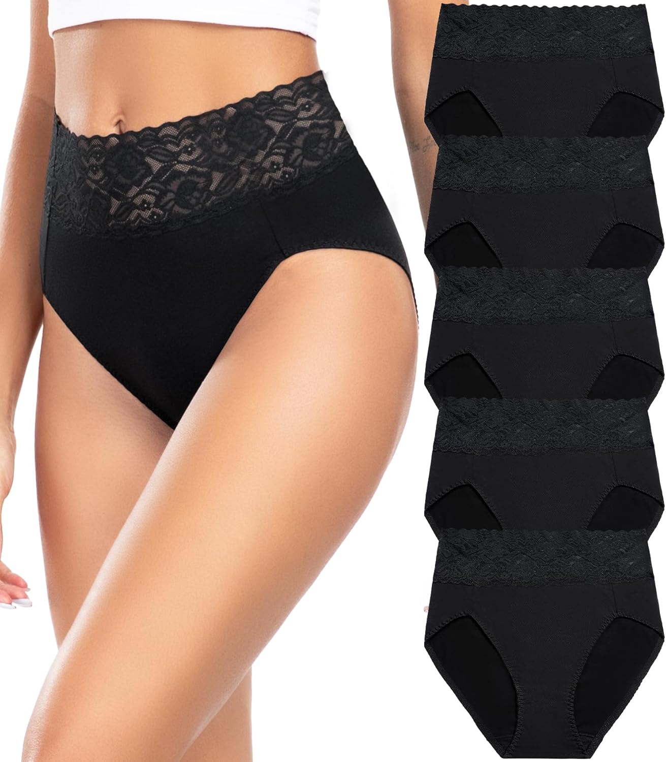 Culotte Femme Taille Haute Coton Doux Slip pour Femmes Dentelle Élastique sous-Vêtements Lot de 5 M Noir