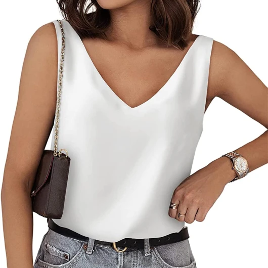 Débardeur en satin de soie pour femme – Camisole sans manches à col en V - Chemisier décontracté et basique pour l'été - Caraco doux et confortable
