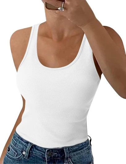 Débardeur Femme Coton Col Rond Coupe Ajustée Côtelé sans Manches Tank Top Chic et élégant Basique Haut Été