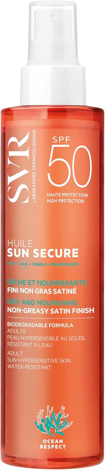 SVR - Sun Secure Huile Sèche SPF50 - Huile solaire satinée non grasse – Très haute protection UVA, UVB, infrarouge & lumière visible – Visage, corps & cheveux – Niacinamide, Vitamine E – 200 ml