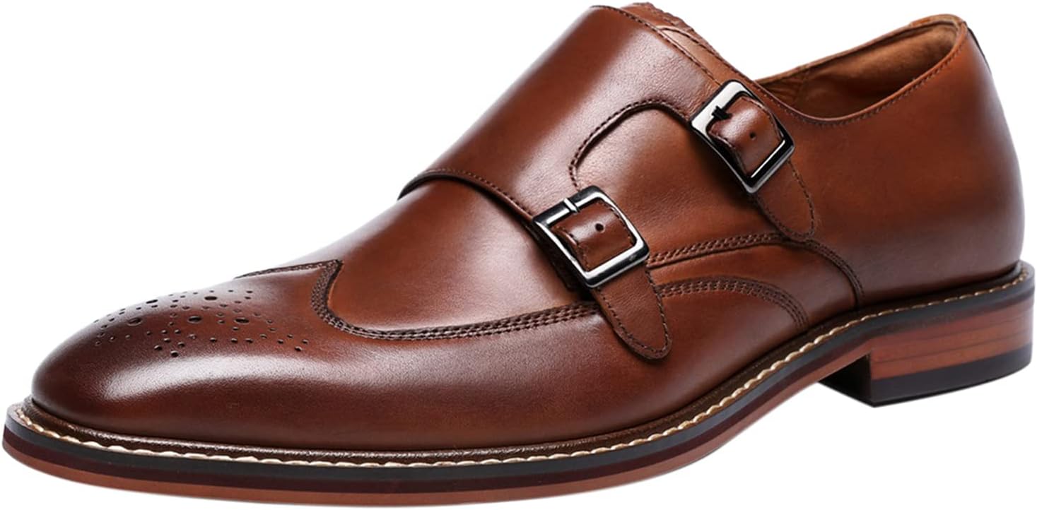 Santimon Homme Cuir Double Monk Chaussures à Boucle de Ville Wingtip Brogue Habillées Business Casual Derby Loafer Noir Marron 42 EU Marron