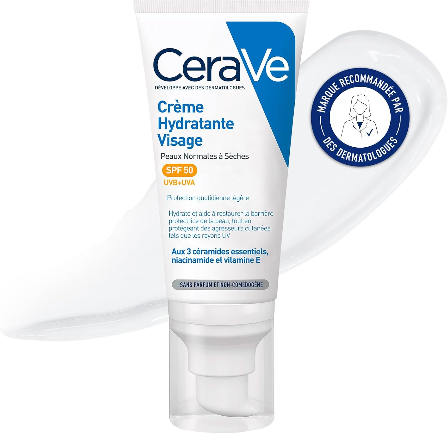CeraVe - Crème Hydratante Visage SPF50 - Crème de Jour avec Protection UVB + UVA - Acide Hyaluronique, Céramide, Niacinamide, Vitamine E - Peau Normale à Sèche - 52 ml SPF 50 52 ml (Lot de 1)