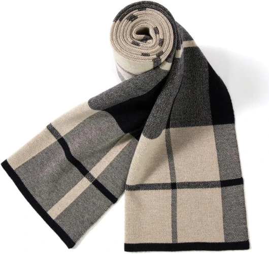 Villand Écharpe Tricotée Tartan en Laine Mérinos Australienne pour Hommes, Plaid Hiver Chaud Épais Doux Cravates avec Boîte Cadeau, 30CM W x 180CM L Camel Gris Carreaux