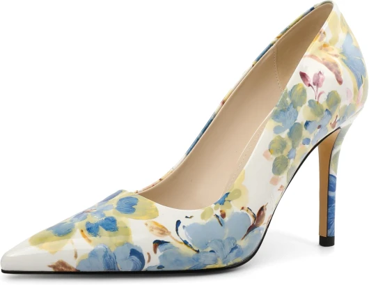 Escarpins Femme en Cuir Verni à Bout Pointu Talon Aiguille 9 cm pour Mariage Soirée & Événements Gala 39 EU Fleur Bleue