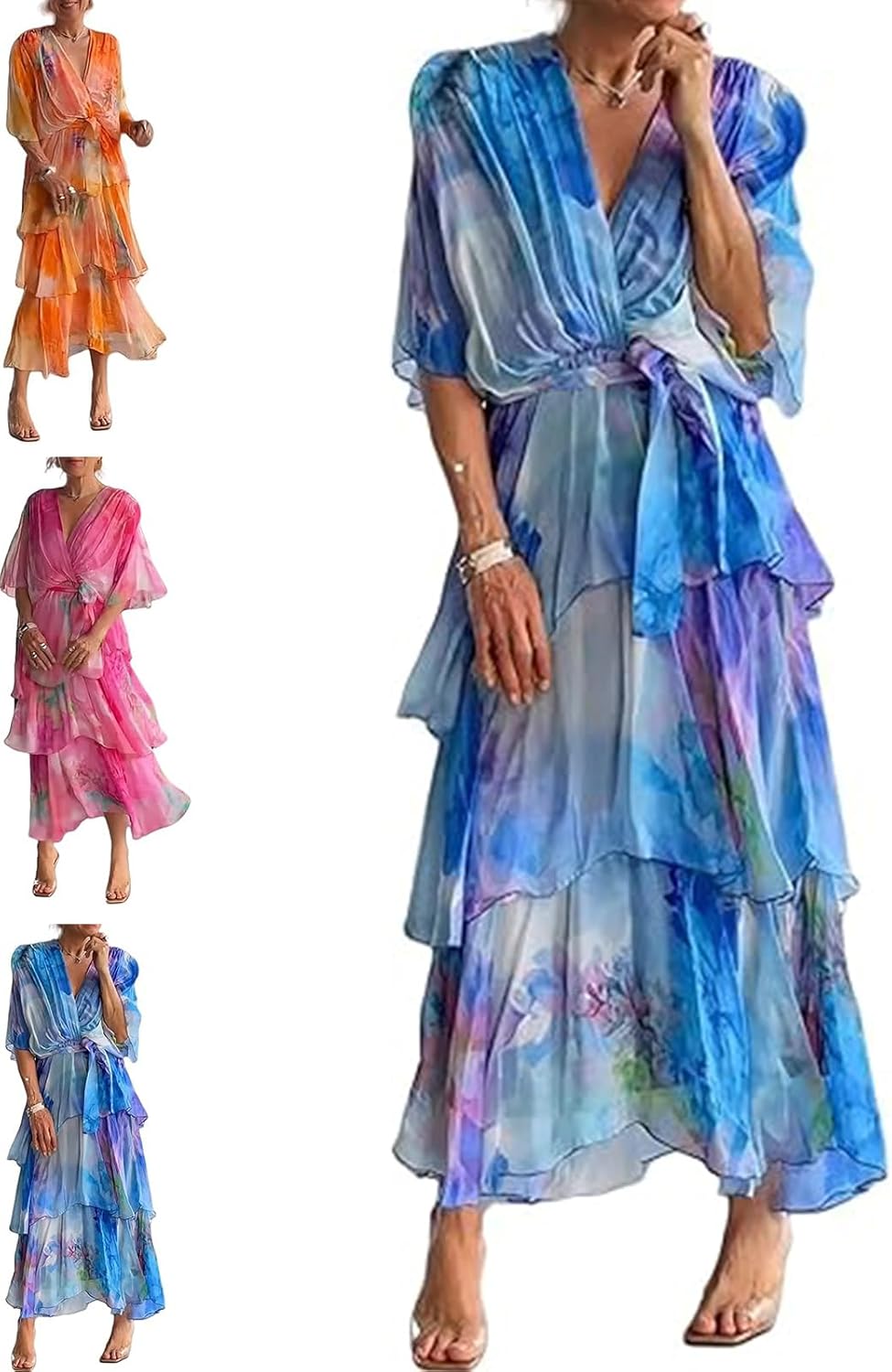 Commencu Robe élégante en mousseline de soie – Sans effort pour toutes les occasions – Robe à volants et col en V pour femme Bleu XS