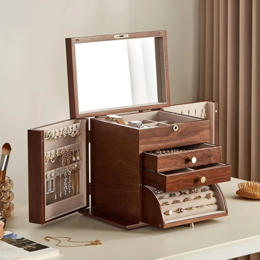 Boîte à bijoux en bois de noyer noir, organisateur de bijoux en bois à 4 couches avec 2 portes latérales, miroir verrouillable, style classique pour montre, collier, bague, boucles 4 Couche A
