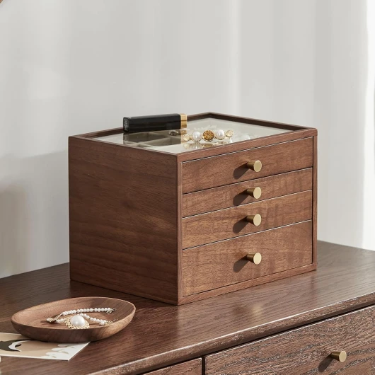 Boîte à bijoux en bois de noyer noir pour femme - Grande boîte de rangement à 4 étages avec couvercle en verre pour colliers, montres, colliers, bagues, boucles d'oreilles - Cadeaux 4 niveaux (sans tiroir vertical)