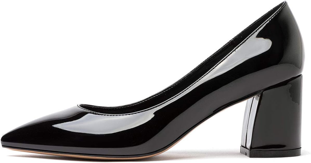Escarpins Femme Bout Pointu Interne Cuir Bloc Talon 6CM High Heels Pumps 37.5 EU Noir Vernis