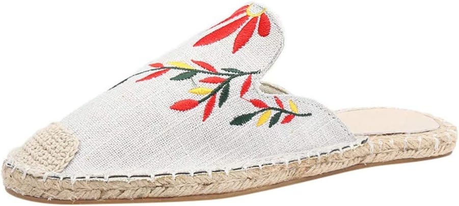 OverDose Sandales Espadrilles Brodées Mule à Enfiler Plate Femme, Été Semelle Tissée Plat Casual Confort Loafers Chaussures 40 EU Blanc