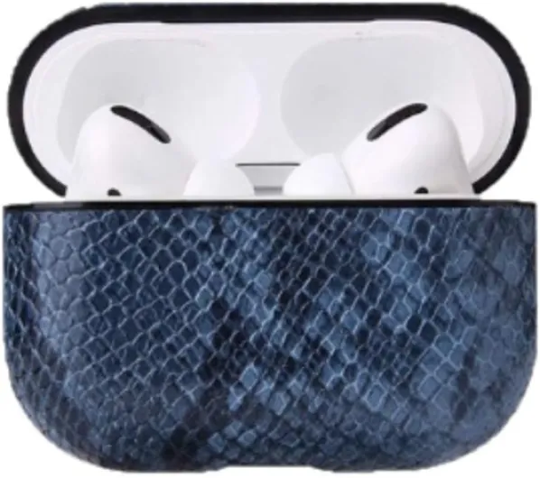 Étui de protection de luxe en cuir serpent pour AirPods Pro avec clip de transport et ports de charge, compatible avec AirPods Pro (bleu)