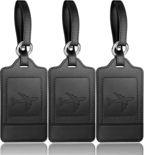 3 Pièces Etiquette Valise, Etiquette Bagage Valise, Voyage Avion, cuir PU, Durable, Esthétique, aide à l' Identification, Protection de la vie Privée Noir