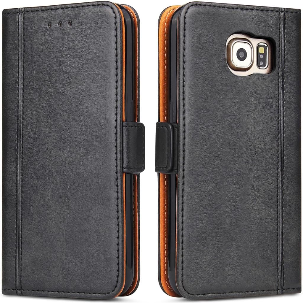 Etui Coque Samsung Galaxy S6, Protection Housse en Cuir Portefeuille Etui avec [Fentes de Cartes] [Fonction Support] [Fermeture Magnétique] pour Samsung Galaxy S6 (Noir-Gris)