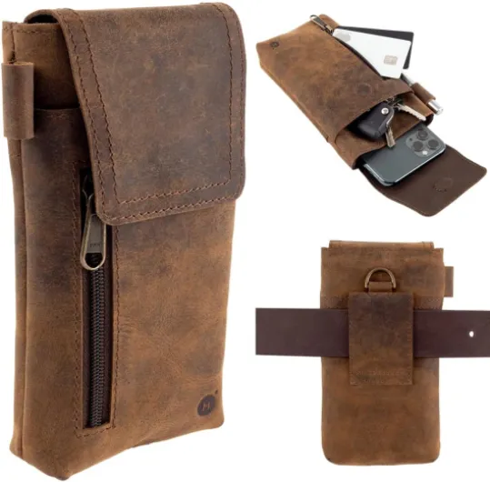 Pochette Ceinture Téléphone Portable - Étui Téléphone en Cuir de Buffle Pleine Fleur Véritable – 18x9cm - pour Smartphones de Grande Taille - Fixation Solide et Durable Marron