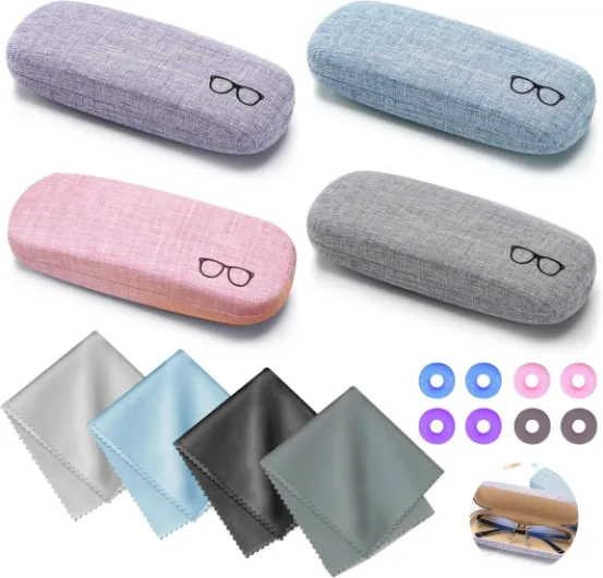 LLTLGF 4 Pcs Étui à Lunettes Rigide, Étui à Lunettes Rigide en Toile de Lin Portable, Portable Étui de Protection Pour Lunettes Avec Chiffon en Microfibre, étuis à Lunettes de Pour Homme Femme Enfant