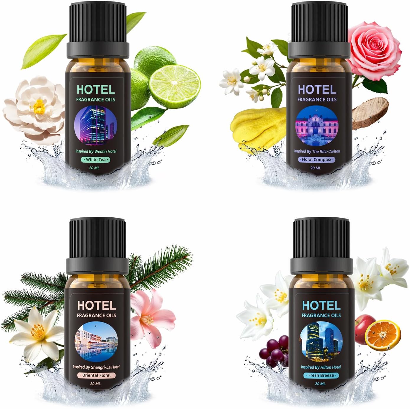 Collection d'huiles essentielles de parfum d'hôtel haut de gamme, coffret de 4 parfums de luxe, thé blanc, complexe floral, floral oriental et brise fraîche, 4 x 20 ml