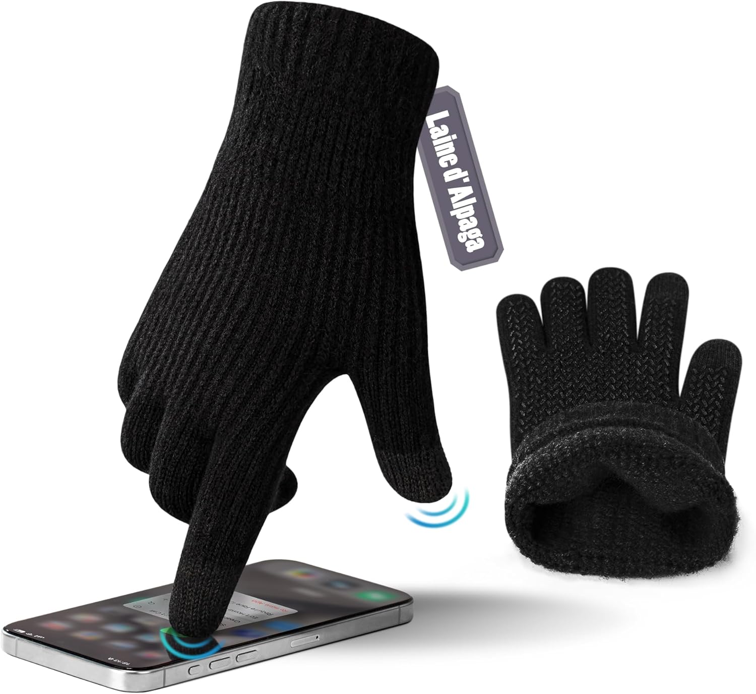Ineepor Gants Hiver Homme Femme,Gants Tactile Tricot Alpaga Thermiques,sous Gants Chaud en Laine Antidérapants pour Texting Smartphone Conduite,Mitaines de Ski Vélo Moto Course à Pied Anti Froid Noir S