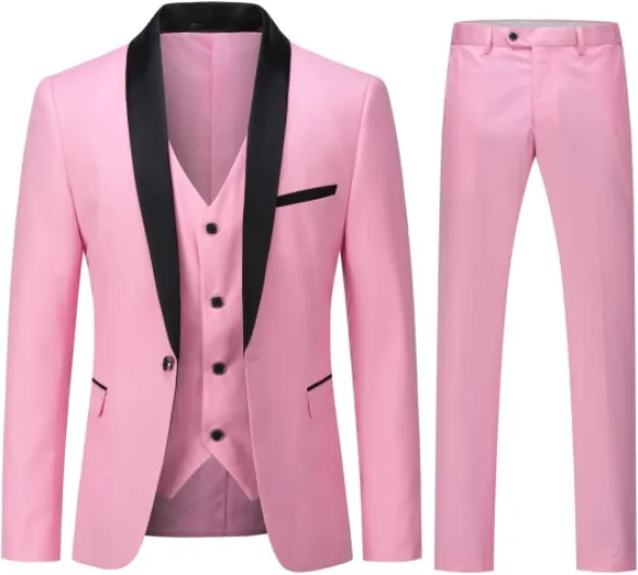 Costume Homme 3 Pièces Un Bouton Coupe Ajustée Col Châle pour Mariage Dîner Smoking Veste Gilet Pantalons XL Rose
