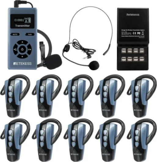 TT106S Système de Guide Touristique sans Fil, Système de Guide Touristique Crochet d'Oreille, 2.4G, Port de Chargement USB, pour les Groupes Touristiques,Formation (1 Emetteur, 10 Récepteurs)