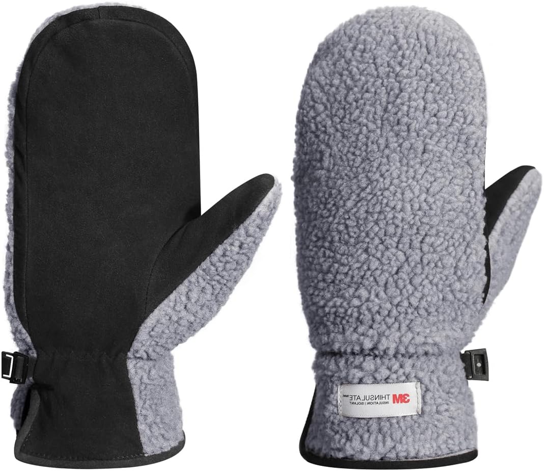Mitaines en cuir pour femmes pour l'extérieur chaud polaire Thinsulate hiver ski gants en peau de mouton daim SL020EU Gris/Noir M