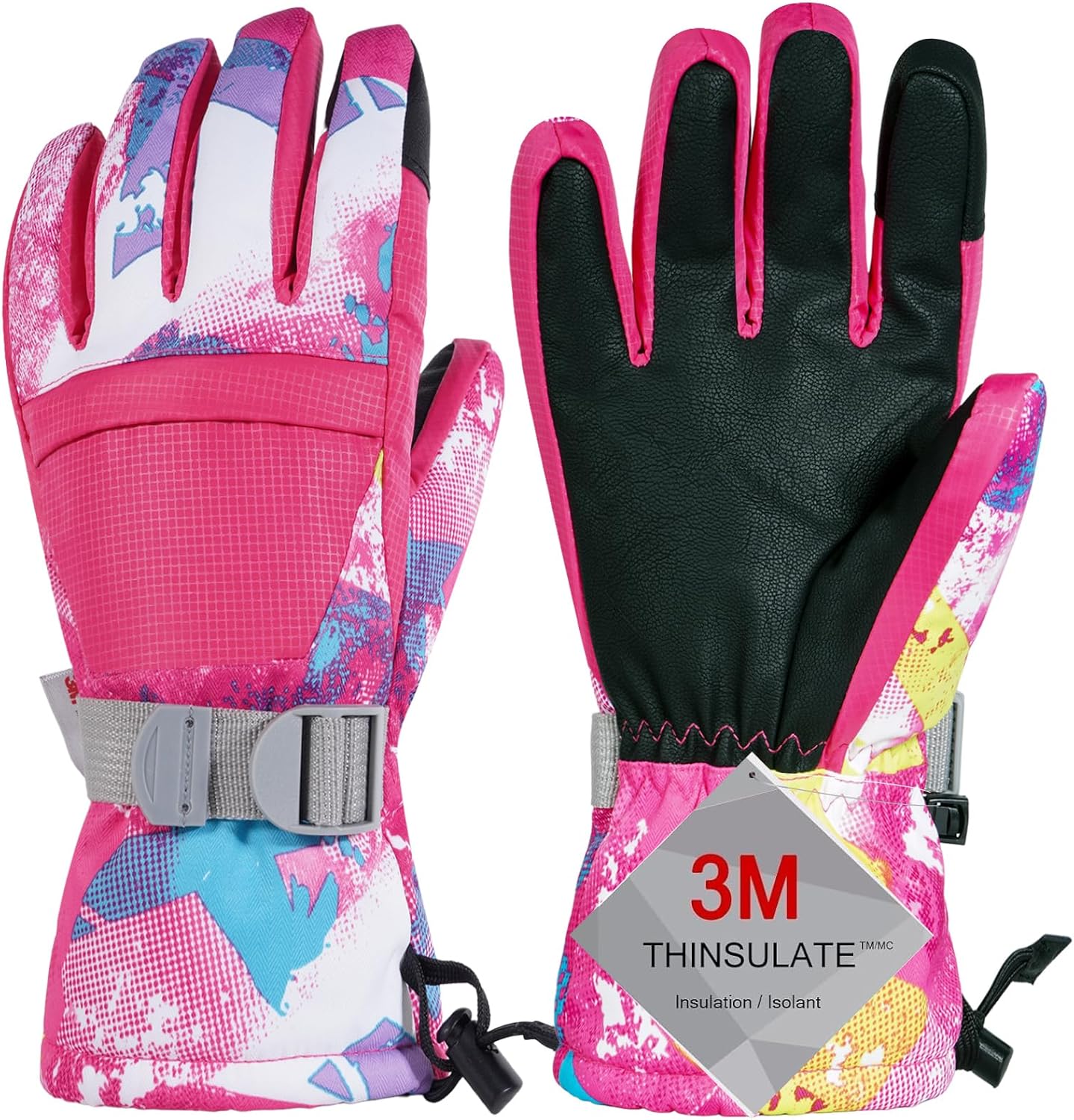 Gants de Ski, Les Gants de Neige imperméables à l'eau et Respirables Les Plus Chauds par Temps Froid, pour Les Hommes, Femmes et Filles, adapté pour Les Parents et Les Enfants à l'extérieur XXS(Fit Kids 4-6 Years) Rose Red