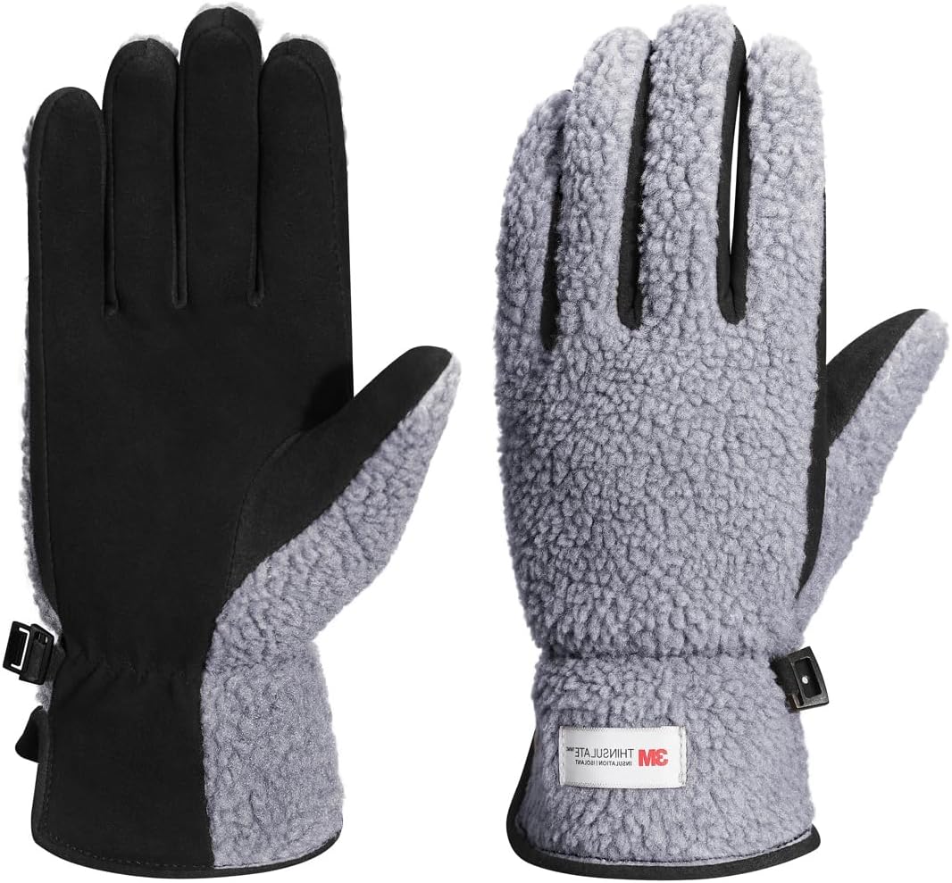 Gants en cuir pour femmes Gants de ski en peau de mouton doublés de laine polaire et d'isolant pour l'hiver SL021EU Gris/Noir S