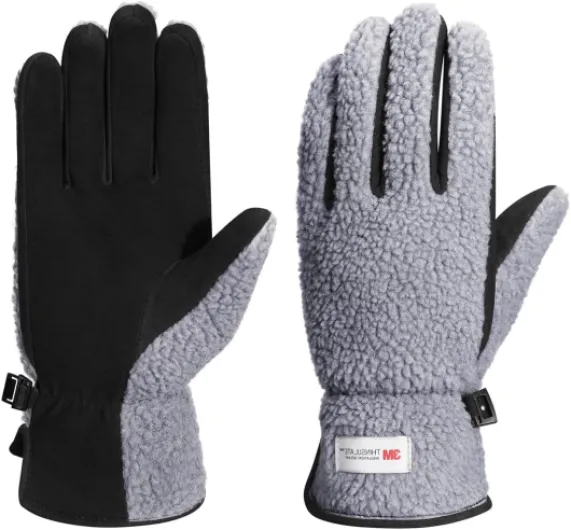 Gants en cuir pour femmes Gants de ski en peau de mouton doublés de laine polaire et d'isolant pour l'hiver SL021EU Gris/Noir S