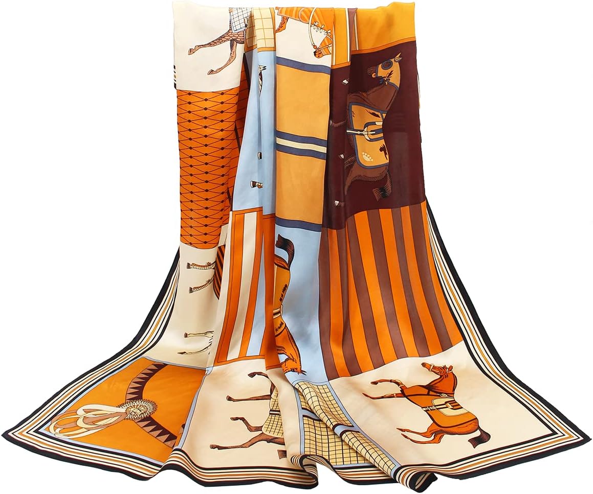 Andantino Grand foulard léger carré 100 % pure soie de mûrier, 90 cm, pour femme, emballage cadeau Chevaux Bleus et Marron
