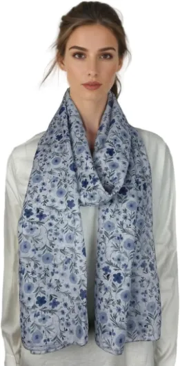 ERAKLE Écharpe femme légère en soie et coton, douce et respirante, motif floral, idéale comme foulard ou étole pour quatre saisons, beige rose marron bleu vert Bleu Clair-f