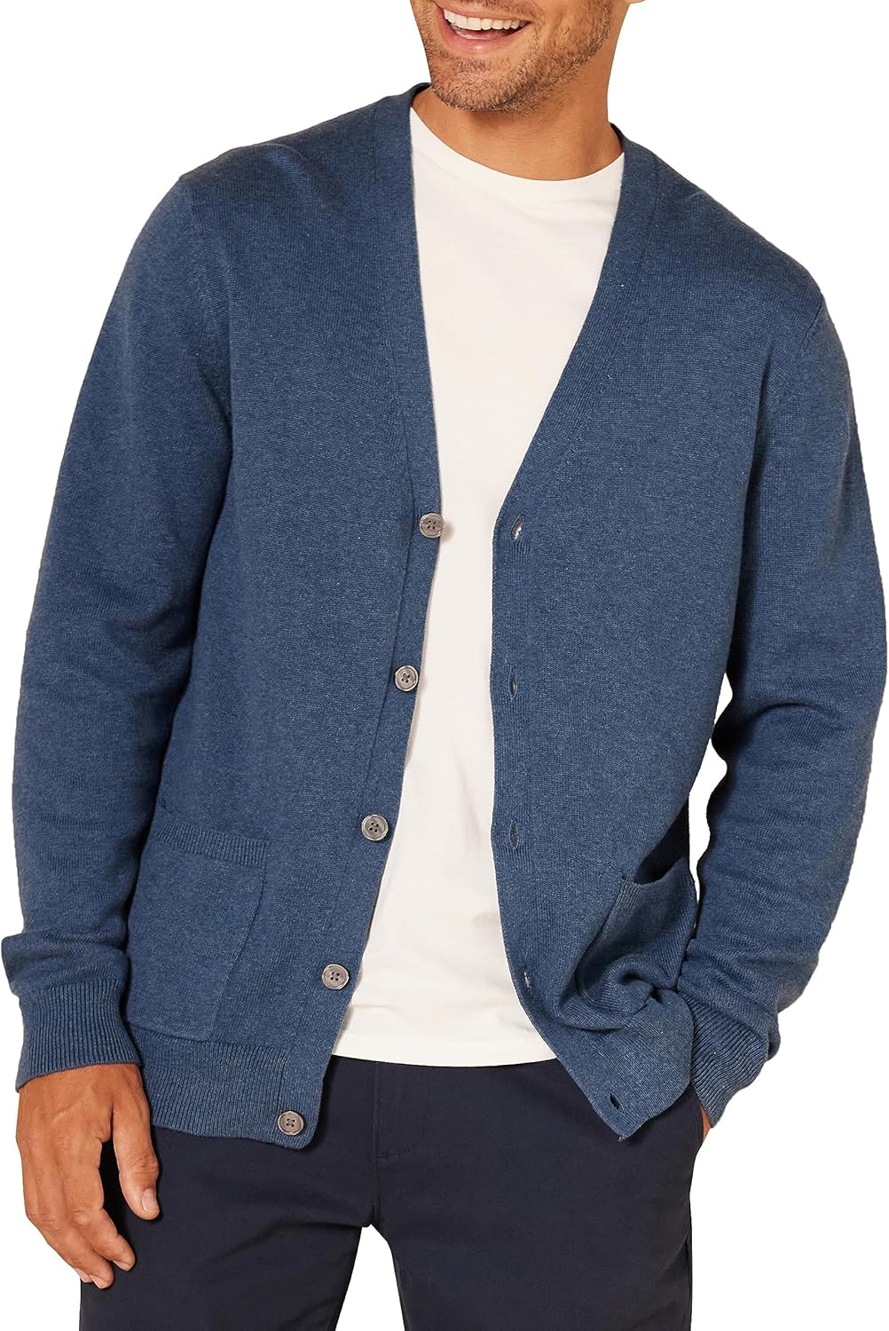 Pull Cardigan en Coton Homme M Bleu Chiné