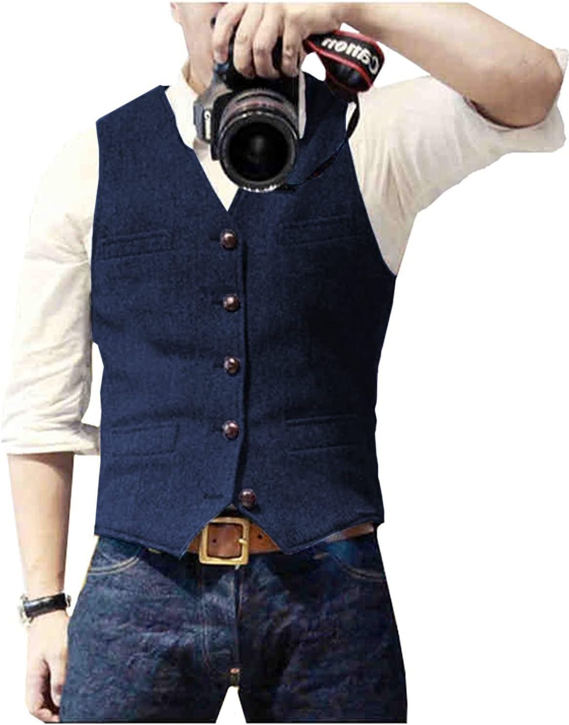 Solovedress Gilet Homme Costume Classique Col V Tweed La laine pour le Mariage Entreprises S Marine Foncé