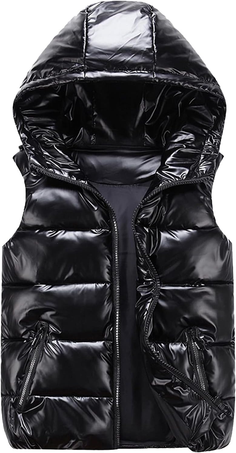 Cutecool Gilet matelassé brillant pour femme - Veste matelassée sans manches - Couleur unie - Veste zippée - Veste à capuche - Unisexe - Veste d'hiver à capuche - Veste d'extérieur - Taille S à 3XL L Noir