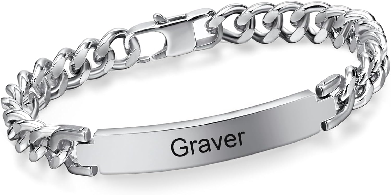 Bracelet Homme Personnalisé Chaîne Gourmette - Classique Bracelet Polissage Acier Inoxydable Bijoux Homme Cadeau Fête des Pères Saint Valentin Anniersaire Noël Gourmette Homme Personnalisable 21cm Argent (BR-070） Acier inoxydable
