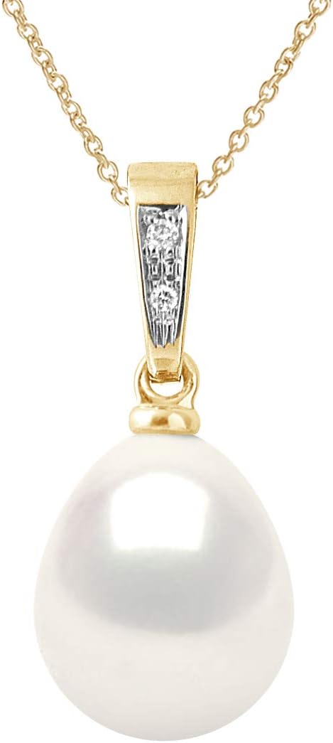 Pearls & Colors - Pendentif Joaillerie Véritable Perle de Culture d'eau Douce Poire 9-10 mm - Qualité AAA+ - Blanc Naturel - Diamant 0.020 Cts - Disponible en Or Jaune et Or Blanc - Bijou Femme