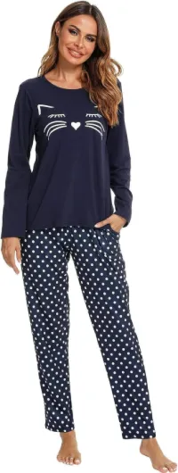 Les-Theresa Ensemble pyjama en coton pour femme - Long - Deux pièces - Manches raglan - Vêtement de nuit et pantalon de pyjama long - Automne - Hiver - Combinaison de loisirs S Bleu