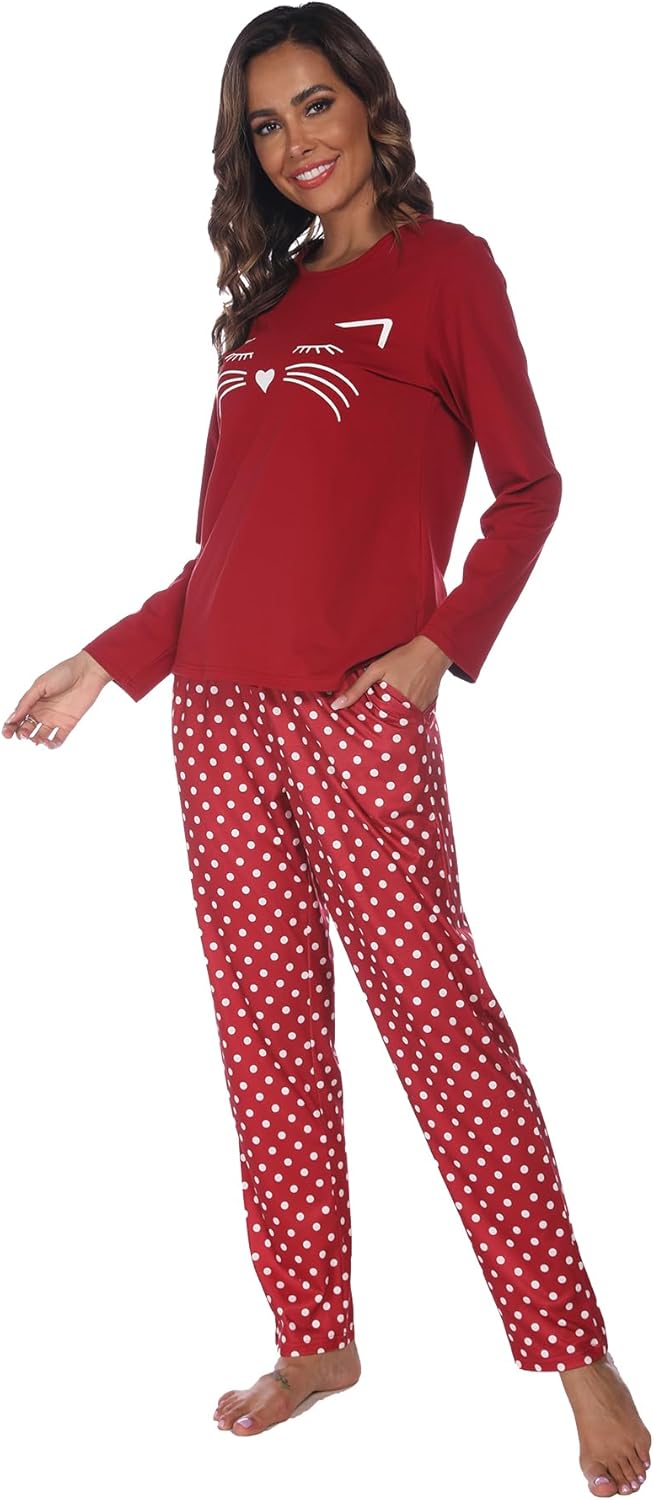 Pyjama À Motifs De Chat À Manches Longues, Femmes Vêtements De Maison De Pyjama Mignon À Pois Chat pour Loisirs À La Maison M Rouge