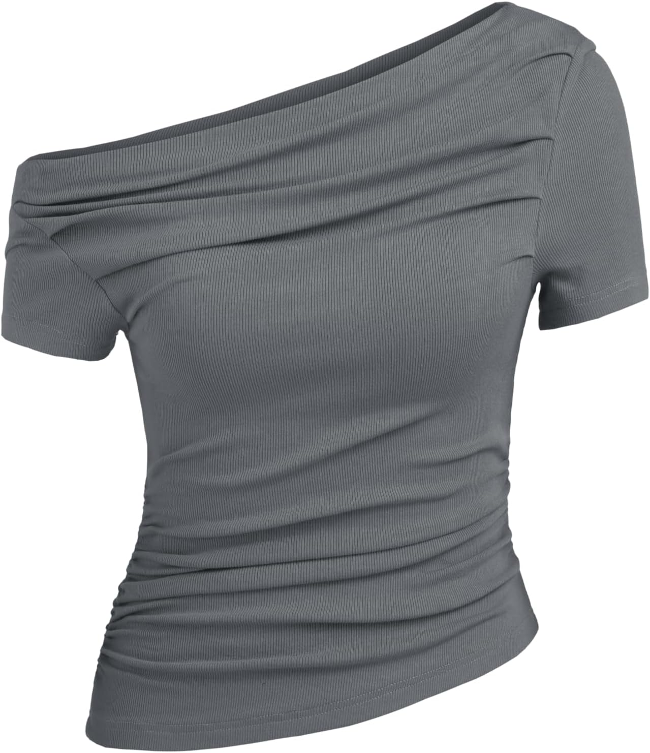 Hauts d'été pour femme - Col asymétrique - Col asymétrique - Haut froncé à manches courtes L Gris