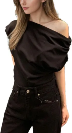 Auriselle Femme Sexy Haut Asymétrique Ruché T-Shirt Manches Courtes Top Slim Fit Elégant Top d'Eté pour Fête de Club, Noir/Blanc, S Noir Taille unique