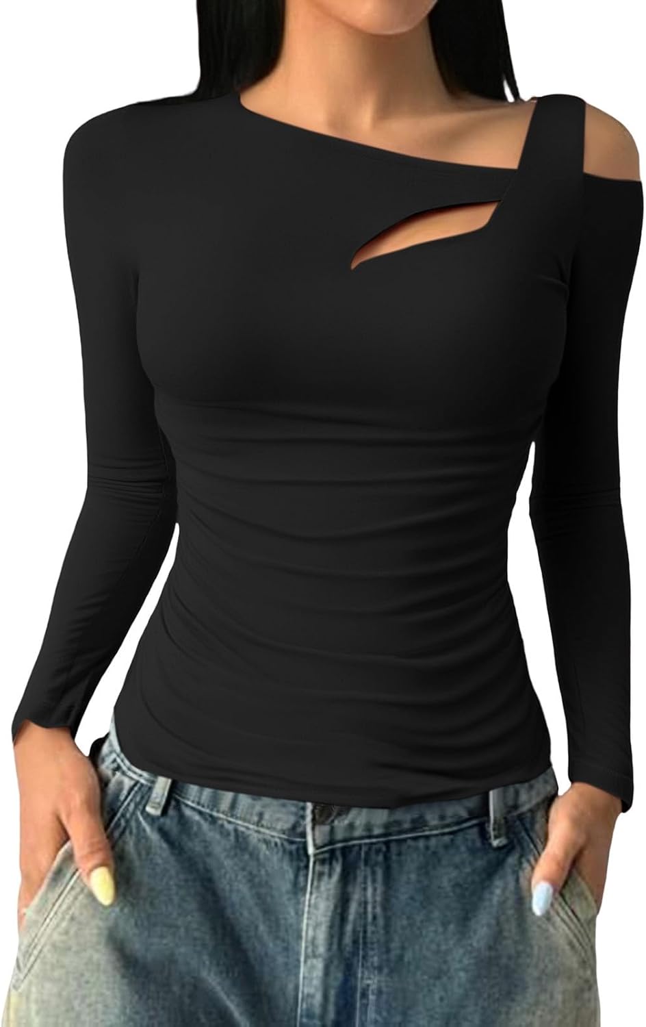 T-shirt à manches longues côtelé stretch pour femme - Col asymétrique - Manches longues - Sexy - Hauts serrés - Décontracté - Coupe ajustée - T-shirt décontracté - T-shirt à manches courtes en coton Noir L