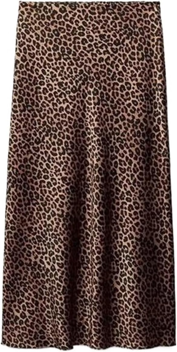 BDXMKS Jupe Midi en Satin Jupe Longue en Satin Rose Doux, Couleur Unie, Taille élégante, Slim, été, for Femmes, vêtements de fête(Brown Leopard,M) M Brown Leopard
