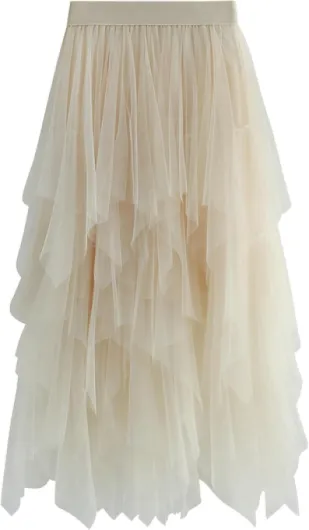 MERCIYD Jupe plissée en Tulle Asymétrique Tulle Jupe Courtes Jupes Midi Jupe d'été Goth Dentelle Robe Vintage Couleurs Variées Taille unique Beige