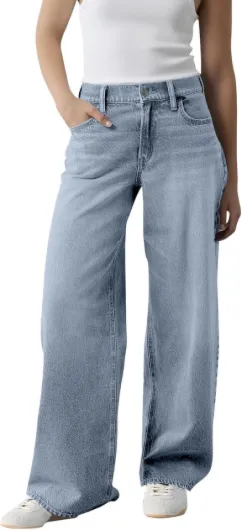 Jean large pour femme - Taille basse - Baggy Y2K Boyfriend - Pantalon en jean avec poches - Jambe droite - Décontracté - Tendance - Vintage - Extensible - Pour sortir, streetwear polyvalent Bleu Clair XL