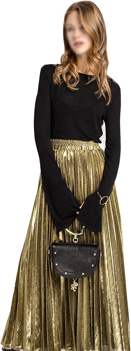 LA HUATE Jupe plissée métallique pour femme et fille - Longue jupe d'été - Jupe de plage en satin brillant - Jupe midi 40 Doré