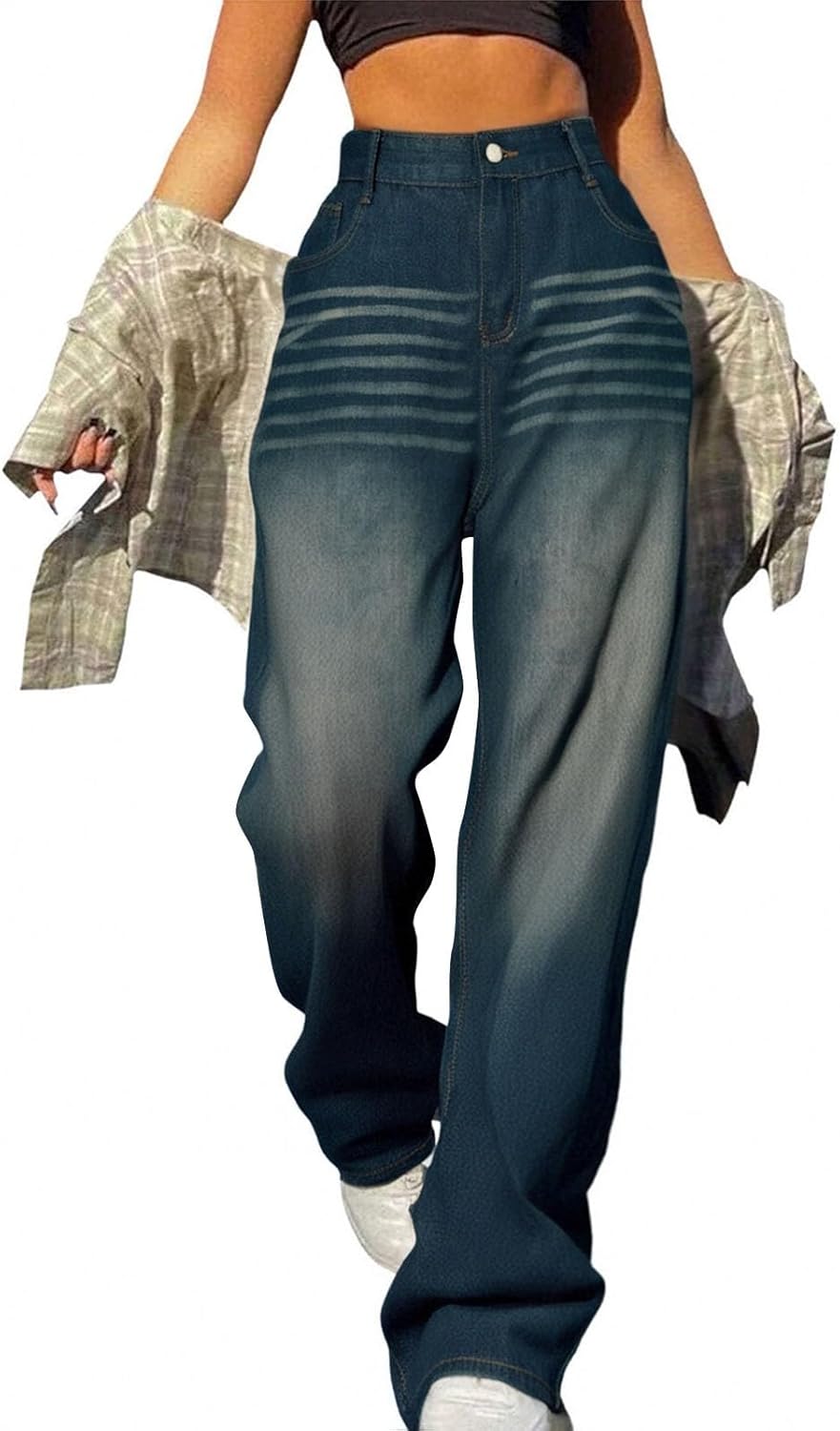 Jean Femme Taille Haute Jambes Larges Coupe Droit Décontracté Denim Pantalon Baggy Jeans Femme Bleu Foncé S