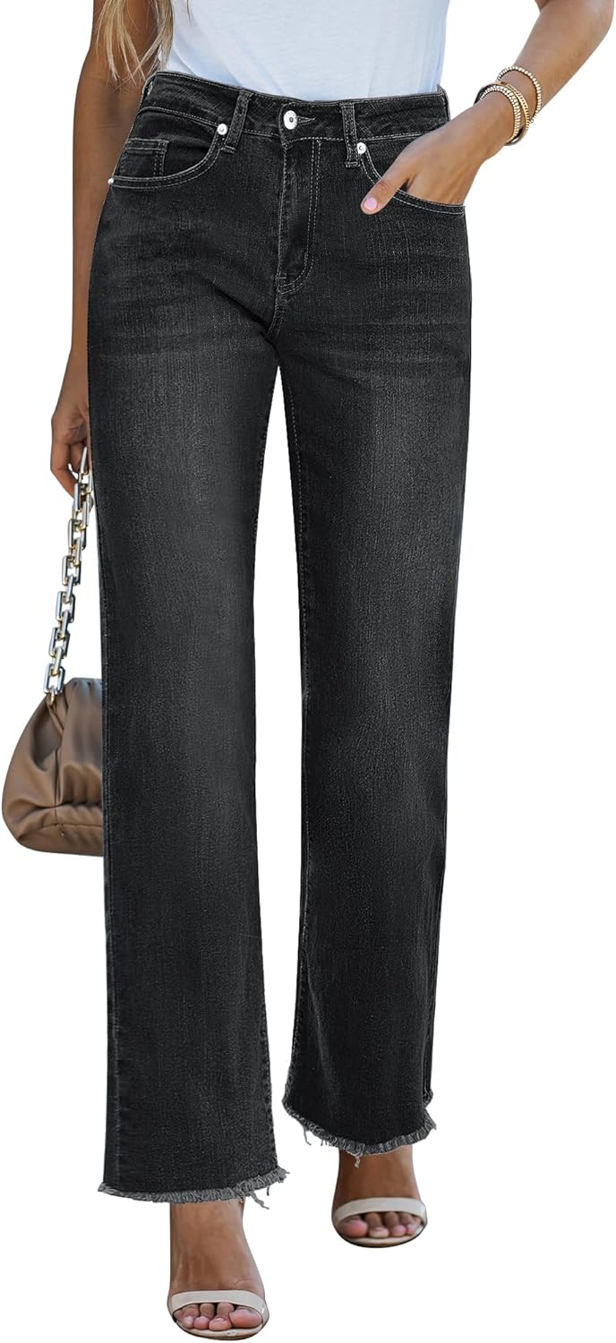 Roskiky Jean coupe droite pour femme - Taille haute - Élastique - Rayé - Ourlet brut - Pantalon ample - Jean baggy décontracté pour femme M Noir Délavé